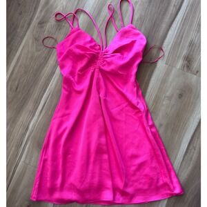 New VICI x Summer of Soul Hot Pink Ruched Cami Mini Dress Tie Back S dainty w1‎